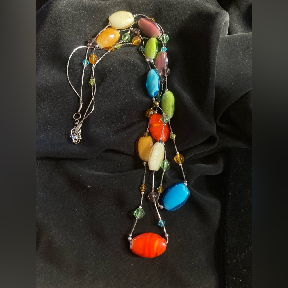 Colorful glass, beaded double strand 15 inch necklace